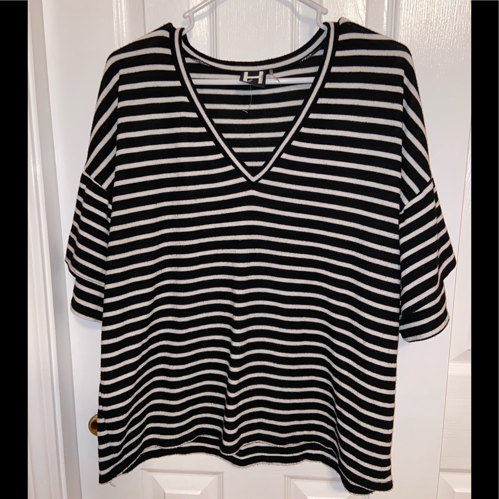Black and White Striped V Neck Ruffle Sleeve Top
